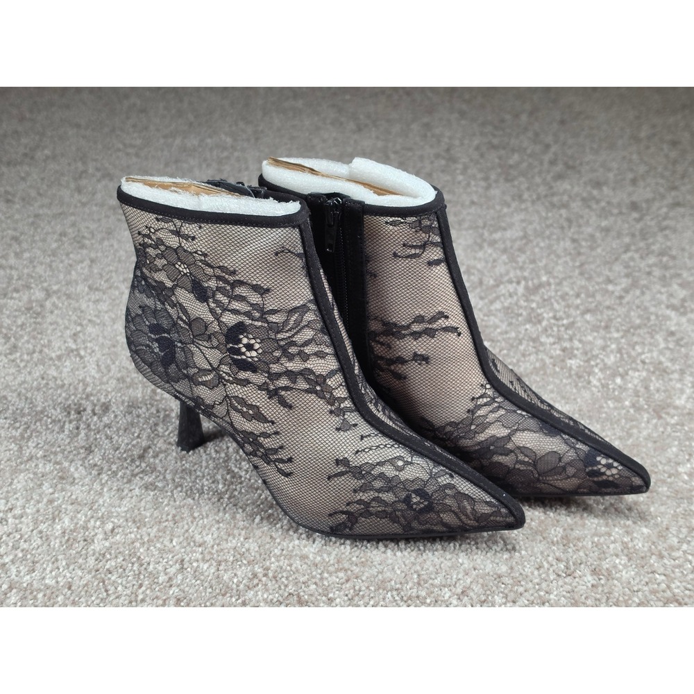 INC Raisie Black Floral Lace Mesh Pointed Toe Kitten Heel Ankle Boots Womens 5M